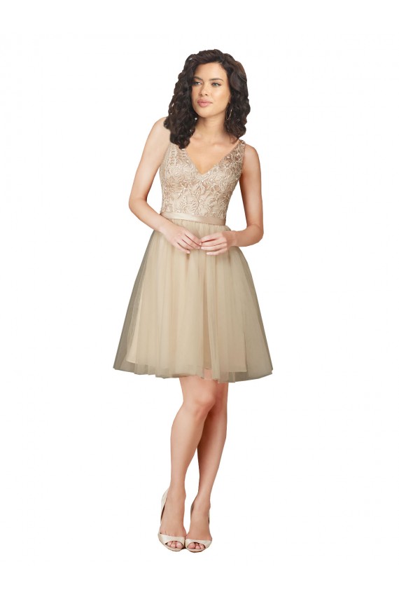 V-Back Champagne Sleeveless V-Neck A-Line Tulle & Lace Bridesmaid Dresses Worcester