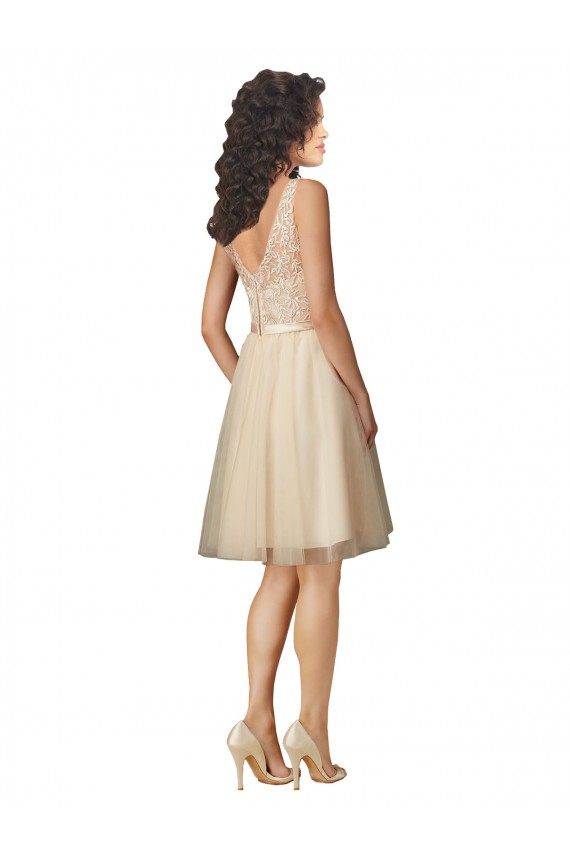 V-Back Champagne Sleeveless V-Neck A-Line Tulle & Lace Bridesmaid Dresses Worcester