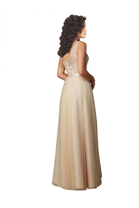 V-Back Champagne Sleeveless V-Neck A-Line Tulle & Lace Bridesmaid Dress Worcester