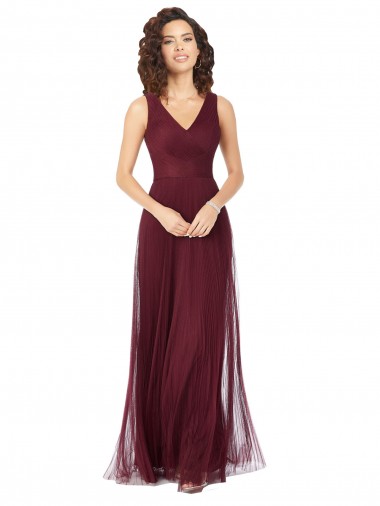 Burgundy Gold Sleeveless V-Neck A-Line Tulle Bridesmaid Dress Worcester
