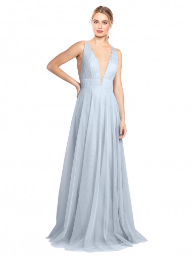 V-Back Light Sky Blue Sleeveless Spaghetti Straps A-Line Tulle Bridesmaid Dress Worcester