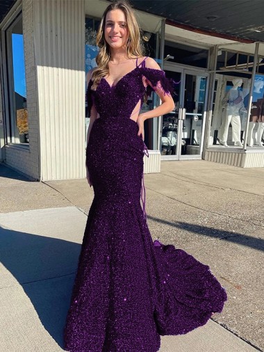 Plum Purple Sleeveless Spaghetti Straps Sheath Velvet Sequin Prom Dress / Evening Dress Worcester