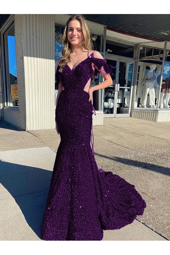 Plum Purple Sleeveless Spaghetti Straps Sheath Velvet Sequin Prom Dress / Evening Dress Worcester