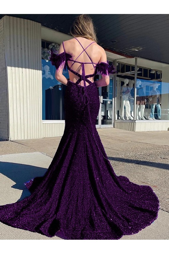 Plum Purple Sleeveless Spaghetti Straps Sheath Velvet Sequin Prom Dress / Evening Dress Worcester