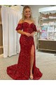 Red Short Sleeves Off the Shoulder Sheath Velvet Sequin Evening Dresses Worcester
