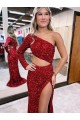 Long Sleeves One Shoulder Mermaid Velvet Sequin Evening Dress Worcester