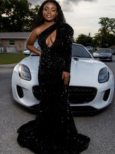 Long Sleeves One Shoulder Sheath Velvet Sequin Prom Dress Worcester