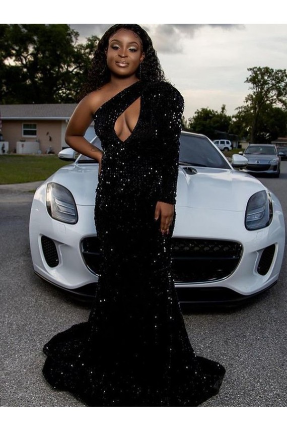 Long Sleeves One Shoulder Sheath Velvet Sequin Prom Dress Worcester
