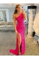 Fuchsia Sleeveless One Shoulder Sheath Velvet Sequin Evening Dress Worcester