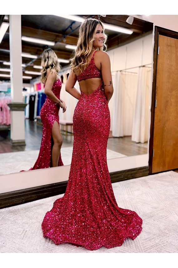 Sleeveless One Shoulder Mermaid Velvet Sequin Evening Dress Worcester