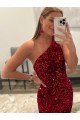 Pink Sleeveless One Shoulder Sheath Velvet Sequin Prom Dress Worcester