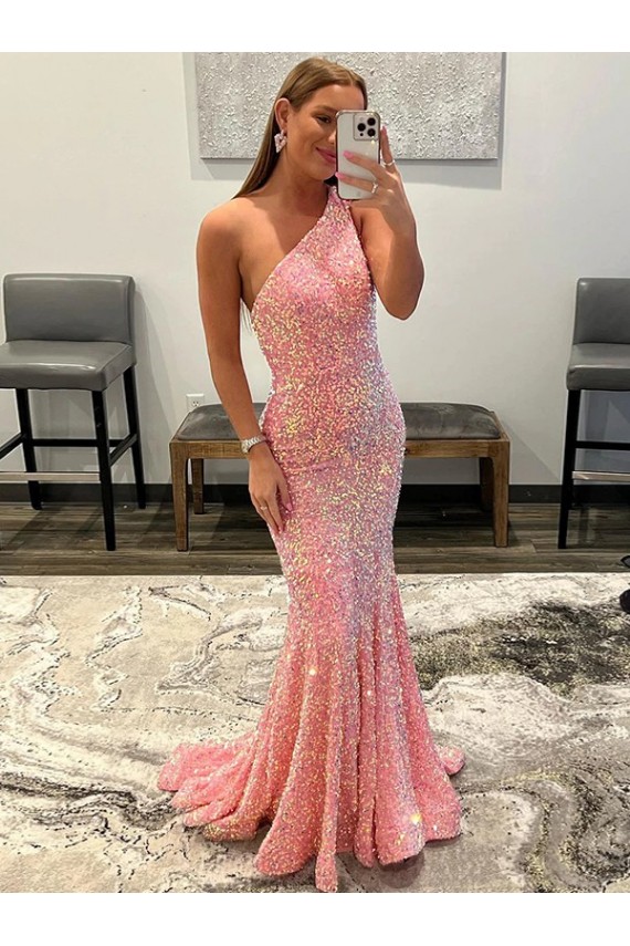Pink Sleeveless One Shoulder Sheath Velvet Sequin Prom Dress Worcester