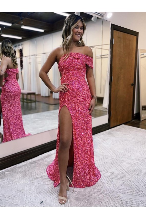 Fuchsia Sleeveless One Shoulder Sheath Velvet Sequin Evening Gown Worcester