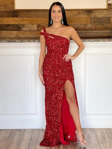 Sweep Train Burgundy Sleeveless One Shoulder Sheath Velvet Sequin Prom Dress Worcester