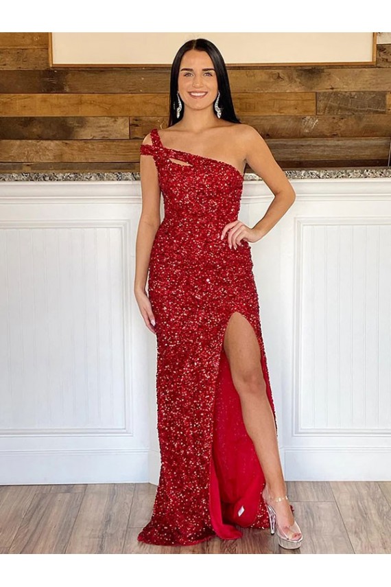 Sweep Train Burgundy Sleeveless One Shoulder Sheath Velvet Sequin Prom Dress Worcester
