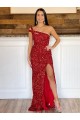 Sweep Train Burgundy Sleeveless One Shoulder Sheath Velvet Sequin Prom Dress Worcester