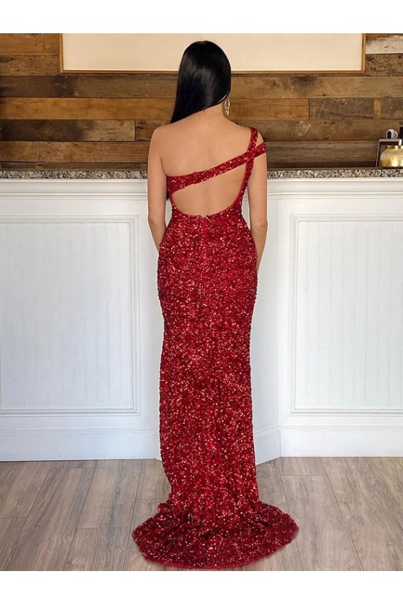 Sweep Train Burgundy Sleeveless One Shoulder Sheath Velvet Sequin Prom Dress Worcester