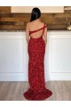Sweep Train Burgundy Sleeveless One Shoulder Sheath Velvet Sequin Prom Dress Worcester