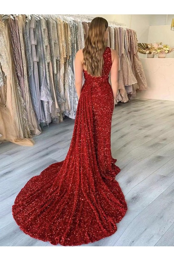 Burgundy Sleeveless One Shoulder Sheath Velvet Sequin Prom Dress Worcester