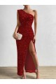 Red Sleeveless One Shoulder Sheath Velvet Sequin Prom Dress / Evening Dress Worcester