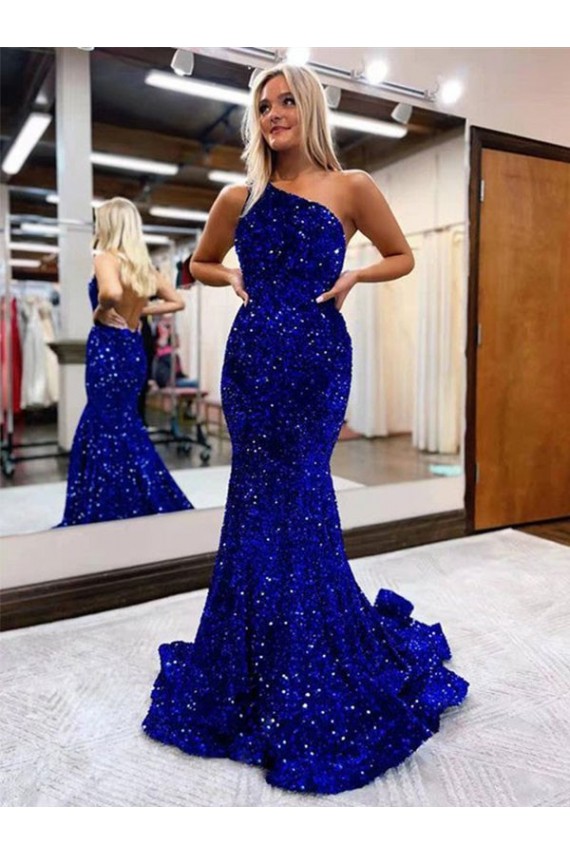 Sleeveless One Shoulder Mermaid Velvet Sequin Prom Dress Worcester