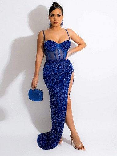 Royal Blue Sleeveless Spaghetti Straps Sheath Velvet Sequin Evening Dress Worcester