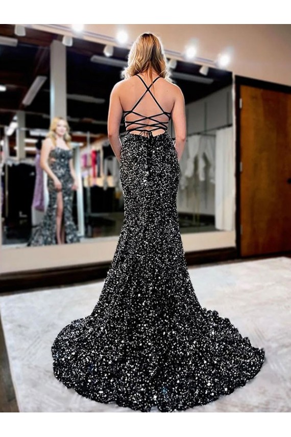 Sleeveless Spaghetti Straps Sheath Velvet Sequin Prom Dress Worcester