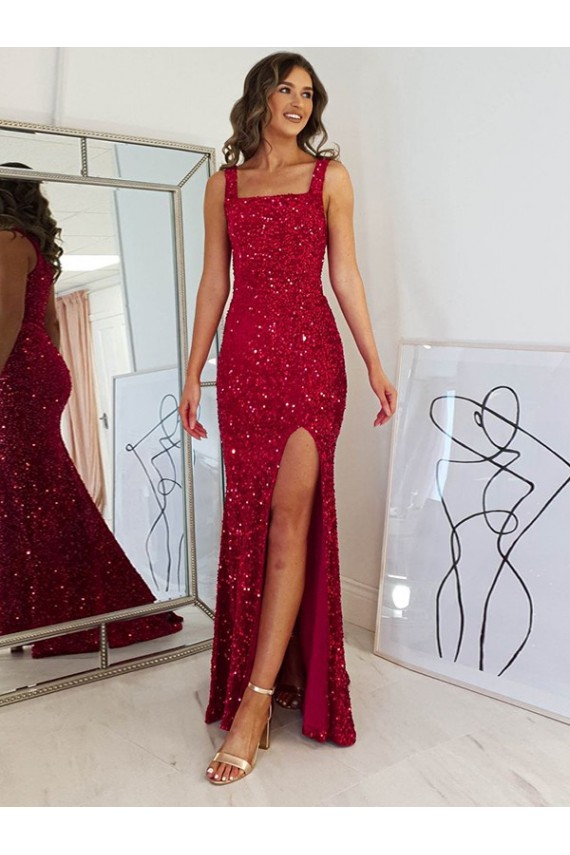 Sleeveless Square Neck Sheath Velvet Sequin Prom Dress Worcester