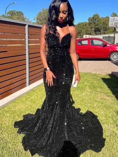 Black Sleeveless Sweetheart Mermaid Velvet Sequin Prom Dress Worcester