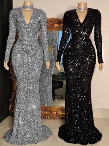 Long Sleeves V-Neck Sheath Velvet Sequin Prom Dress Worcester