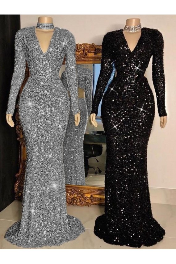 Long Sleeves V-Neck Sheath Velvet Sequin Prom Dress Worcester