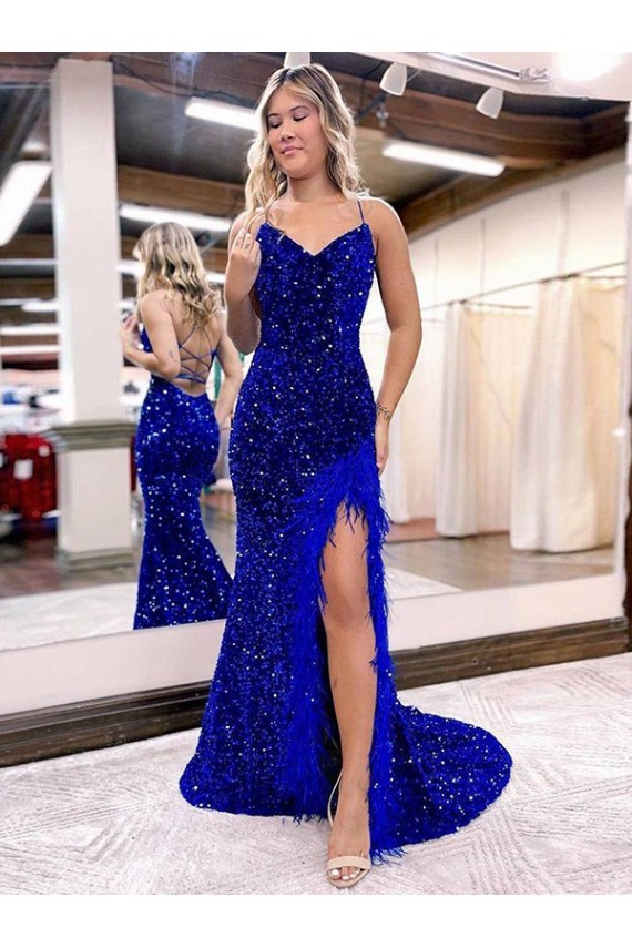 Royal Blue Sleeveless V-Neck Sheath Velvet Sequin Evening Dress Worcester