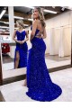 Royal Blue Sleeveless V-Neck Sheath Velvet Sequin Evening Dress Worcester