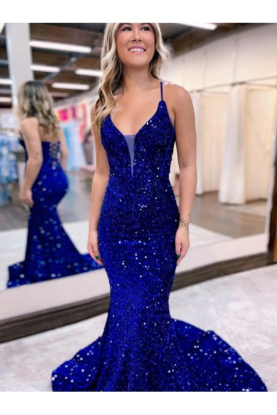 Sleeveless V-Neck Mermaid Velvet Sequin Prom Dress Worcester