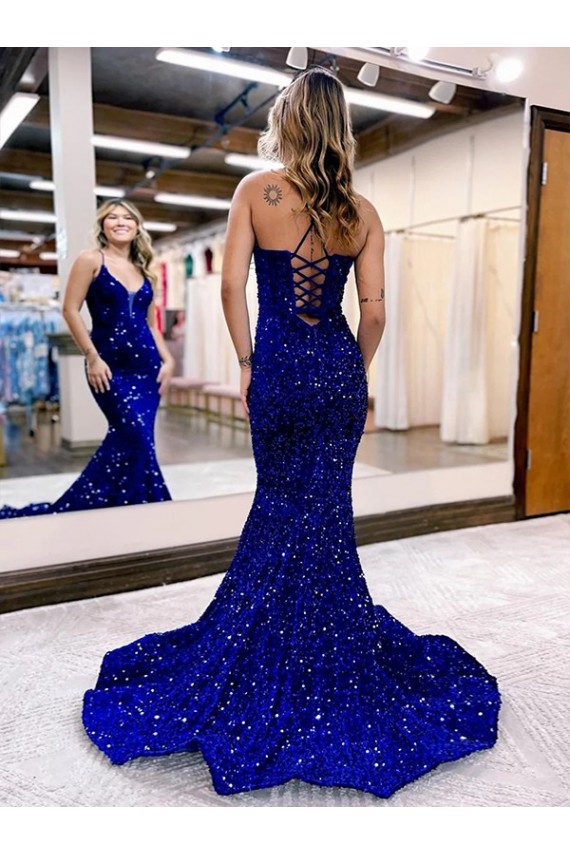 Sleeveless V-Neck Mermaid Velvet Sequin Prom Dress Worcester
