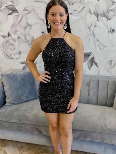 Sleeveless Halter Neck Sheath Velvet Sequin Prom Dress Worcester
