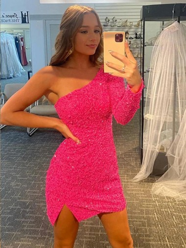Long Sleeves One Shoulder Sheath Velvet Sequin Prom Dress / Evening Dress Worcester
