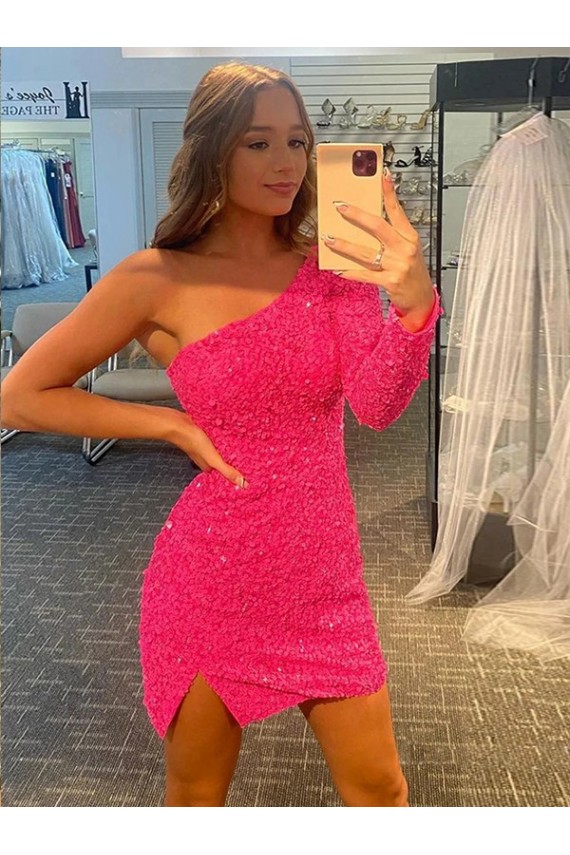 Long Sleeves One Shoulder Sheath Velvet Sequin Prom Dress / Evening Dress Worcester