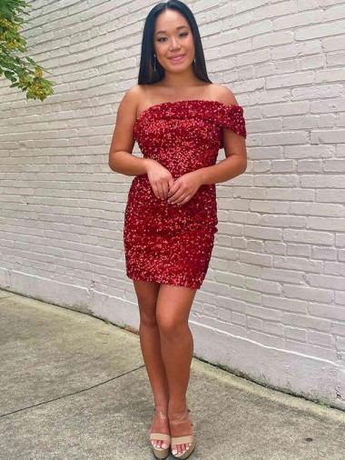 Burgundy Sleeveless One Shoulder Sheath Velvet Sequin Evening Dresses Worcester