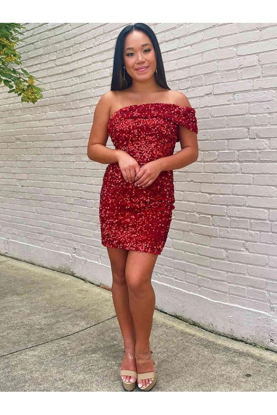 Burgundy Sleeveless One Shoulder Sheath Velvet Sequin Evening Dresses Worcester