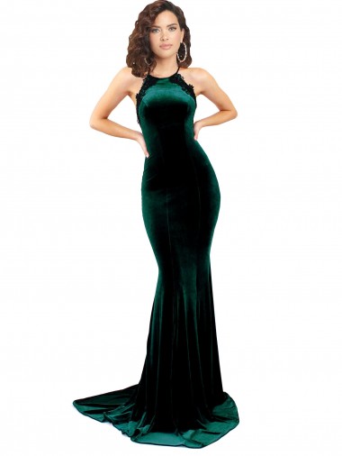 Low Back Sleeveless High Neck Mermaid Stretch Velvet Formal Evening Gown / Prom Dress / Bridesmaid Dress Worcester
