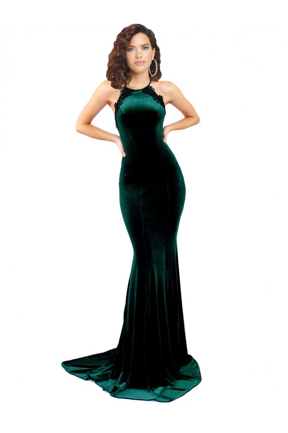 Low Back Sleeveless High Neck Mermaid Stretch Velvet Formal Evening Gown / Prom Dress / Bridesmaid Dress Worcester