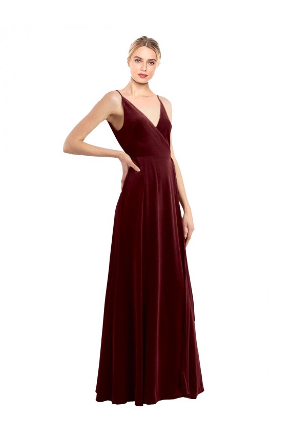 V-Back Burgundy Sleeveless V-Neck A-Line Stretch Velvet Bridesmaid Dress / Evening Dress Worcester
