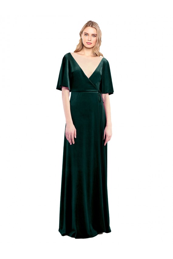 V-Back Flutter Sleeves V-Neck A-Line Stretch Velvet Prom Dress / Bridesmaid Dress Worcester
