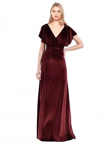 Open Back Flutter Sleeves V-Neck A-Line Stretch Velvet Prom Dress / Bridesmaid Dress Worcester