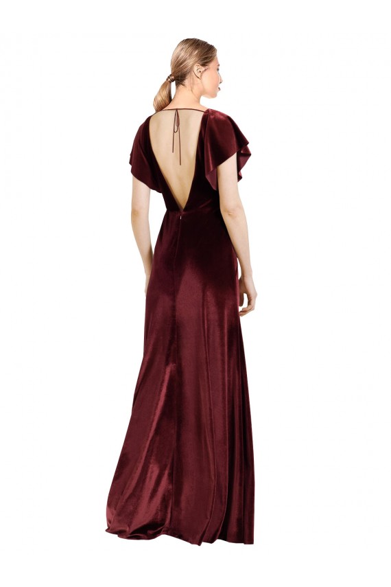 Open Back Flutter Sleeves V-Neck A-Line Stretch Velvet Prom Dress / Bridesmaid Dress Worcester