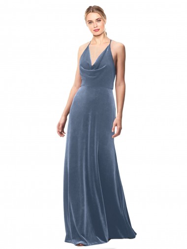 Keyhole Back Dusty Blue Sleeveless Spaghetti Straps A-Line Stretch Velvet Prom Dress / Bridesmaid Dress Worcester