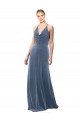Keyhole Back Dusty Blue Sleeveless Spaghetti Straps A-Line Stretch Velvet Prom Dress / Bridesmaid Dress Worcester
