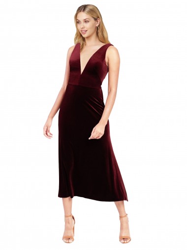 V-Back Burgundy Sleeveless V-Neck A-Line Stretch Velvet Prom Dress / Bridesmaid Dress Worcester