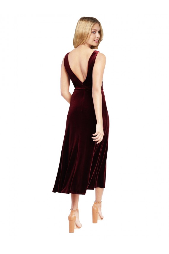 V-Back Burgundy Sleeveless V-Neck A-Line Stretch Velvet Prom Dress / Bridesmaid Dress Worcester